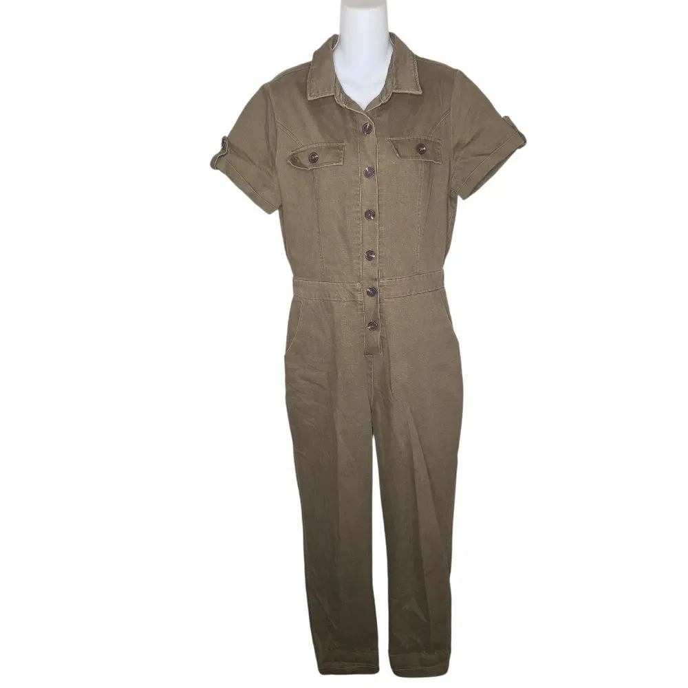 Haute Monde Anthro Denim Olive Green Utility Coveralls Jumpsuit Size Large - Picture 2 of 12